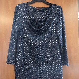 DANA BUCHMAN Navy, Green And Silver Patterned Tunic. Size L.